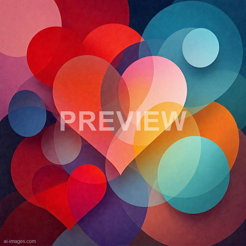 The image features an abstract design composed of numerous overlapping circles of varying sizes and colors. The color palette includes shades of red, pink, orange, blue, and teal, creating a vibrant and dynamic composition. The overlapping circles produce a sense of depth and movement within the artwork.